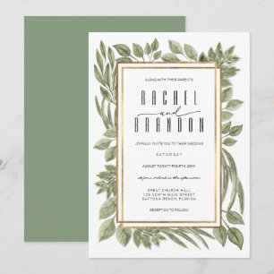 Gold White Sage Green Greenery Watercolor Wedding Invitation