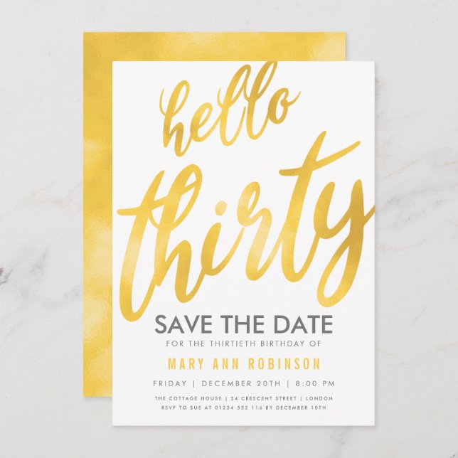 Gold White Save Date Thirty Birthday Party Invitation (Front/Back)
