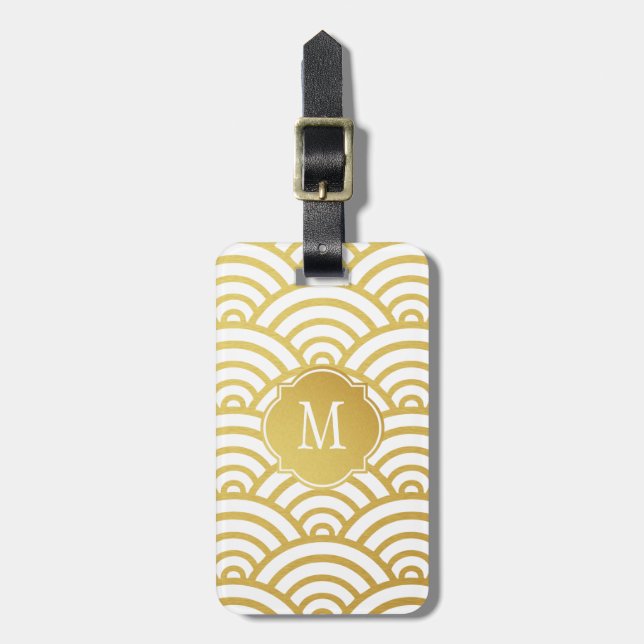 Gold & White Scallop Monogram Luggage Tag (Front Vertical)
