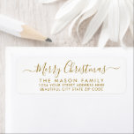 Gold White Script Christmas Return Address Label<br><div class="desc">Modern Elegant Gold and White Hand Lettered Christmas Family Return Address Labels. Featuring a pretty hand-written calligraphy swash-tail font script with saying "Merry Christmas". Great for Christmas holiday season,  easy to personalise them with your names and return address info.</div>