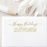 Gold White Script Christmas Return Address Label<br><div class="desc">Modern Elegant Gold and White Hand Lettered Christmas Family Return Address Labels. Featuring a pretty hand-written calligraphy swash-tail font script with saying "Merry Christmas". Great for Christmas holiday season,  easy to personalise them with your names and return address info.</div>