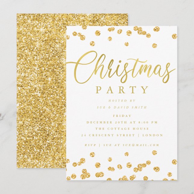 Gold White Script Confetti Holiday Christmas Party Invitation (Front/Back)