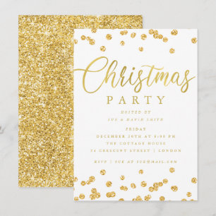 Gold White Script Confetti Holiday Christmas Party Invitation