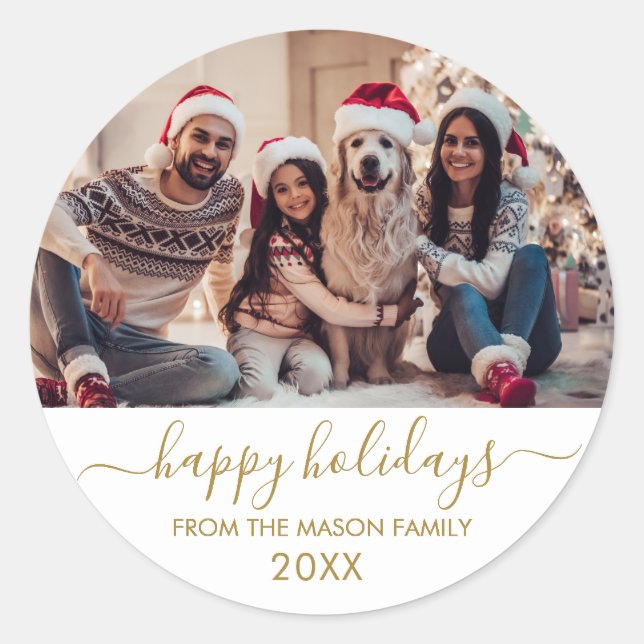 Gold White Script Family Photo Happy Holidays Classic Round Sticker (Front)