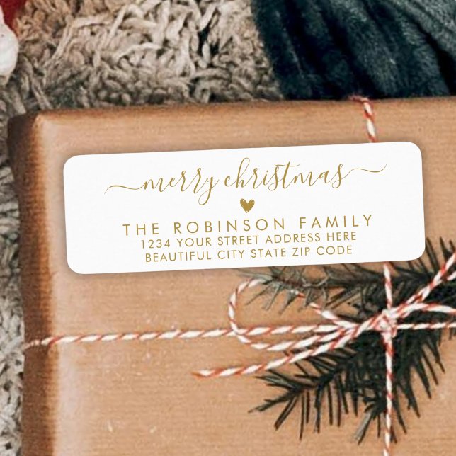 Gold White Script Heart Christmas Return Address (Creator Uploaded)