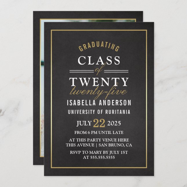 Gold & White Script on Chalkboard | Graduate Photo Invitation (Front/Back)