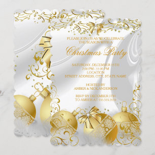 Gold White Silk Bow Bauble Christmas Party Invitation