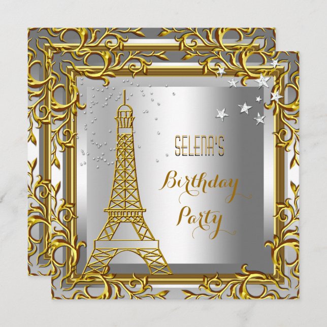 Gold White Silver Eiffel Tower Birthday Party Invitation (Front/Back)