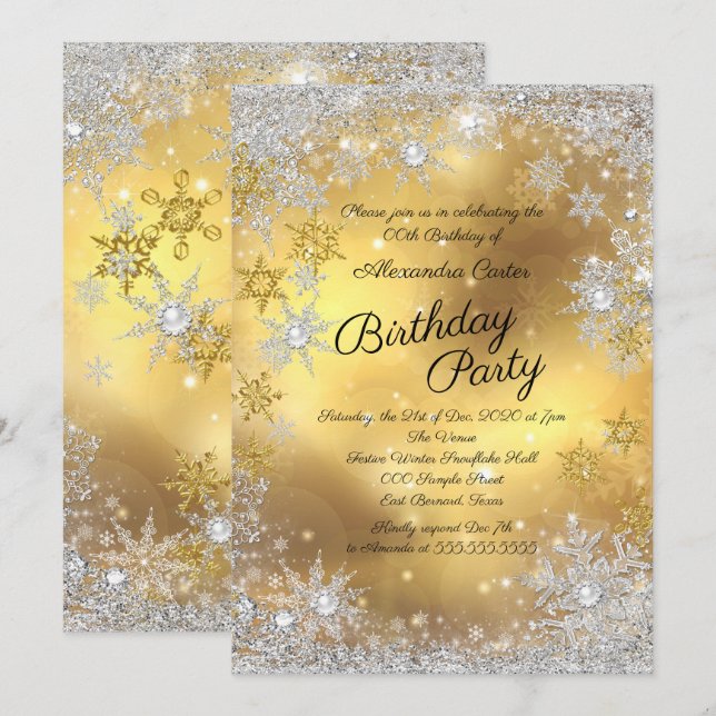 Gold White Silver Snowflake Birthday Party Invitation (Front/Back)