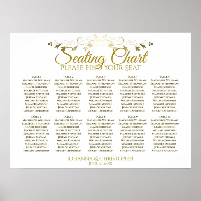 Gold & White Simple 10 Table Wedding Seating Chart (Front)