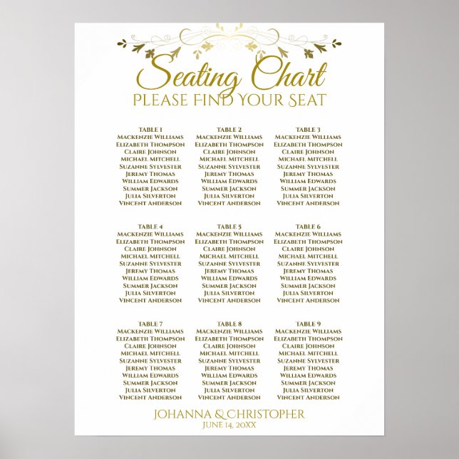 Gold & White Simple 9 Table Wedding Seating Chart (Front)
