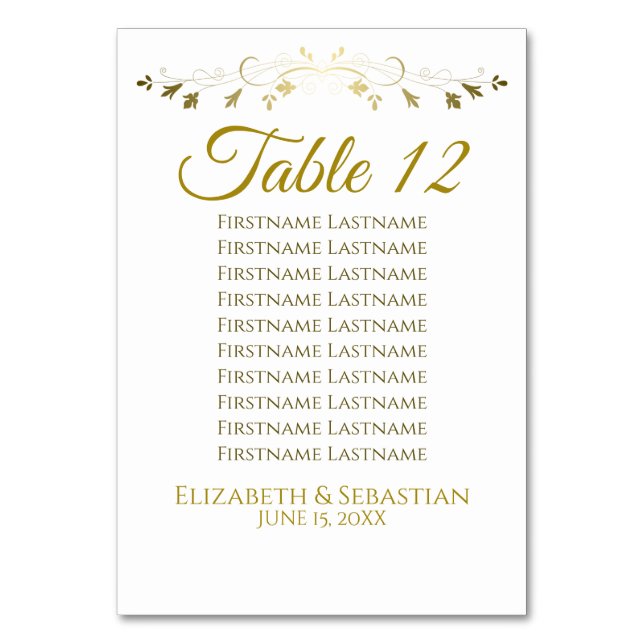 Gold & White Simple Elgant Wedding Seating Chart Table Number (Front)