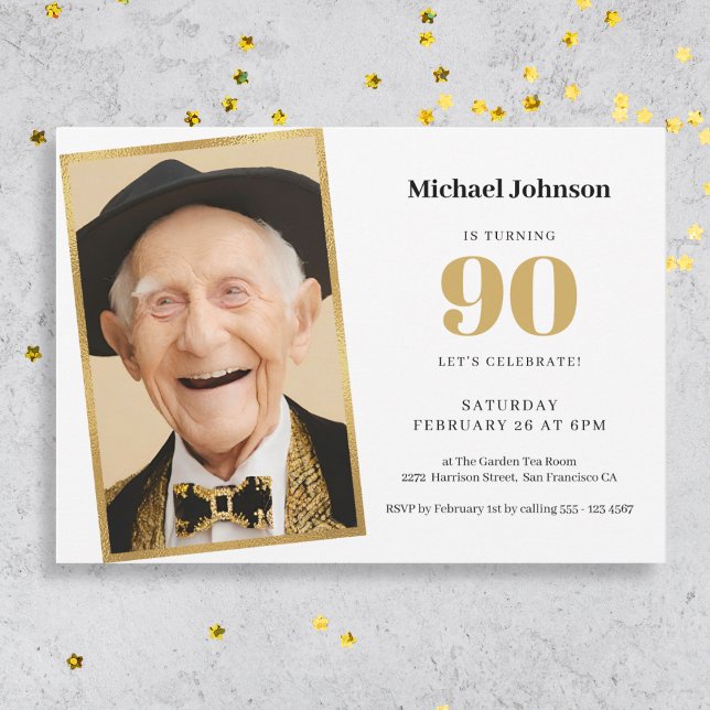 Gold White Simple Photo 90th Birthday Party Invitation (Mockup View)