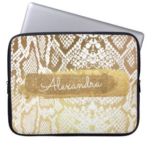 Gold & White Snake Skin with Gold Glitter Laptop Sleeve