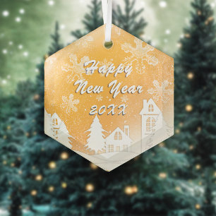 Gold White Snow House Happy New Year Glass Tree Decoration