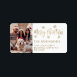 Gold White Snowflake Christmas Return Address Label<br><div class="desc">Modern Gold and Whiteg Snowflake Photo Merry Christmas Script Holiday Christmas Return Address Labels. Features a „Merry Christmas” script,  one family photo,  snowflakes on white background. Great for Christmas holiday season,  easy to personalise them with your names and return address info.</div>