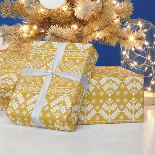 Gold White Snowflake & Floral Fair Isle Christmas Wrapping Paper