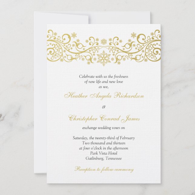 Gold White Snowflake Floral Wedding Invitation (Front)