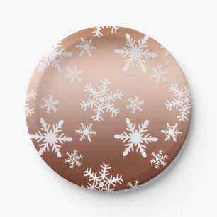 Gold White Snowflakes Christmas Paper Plate