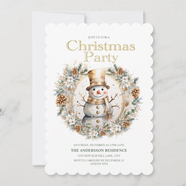 Gold White Snowman Greenery Christmas Party Invitation (Front)