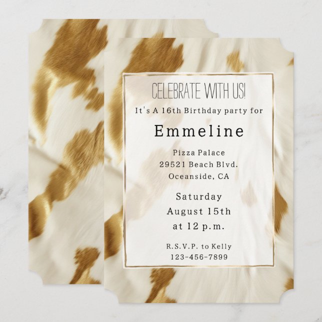 Gold White Southwest Cowhide Invitation (Front/Back)