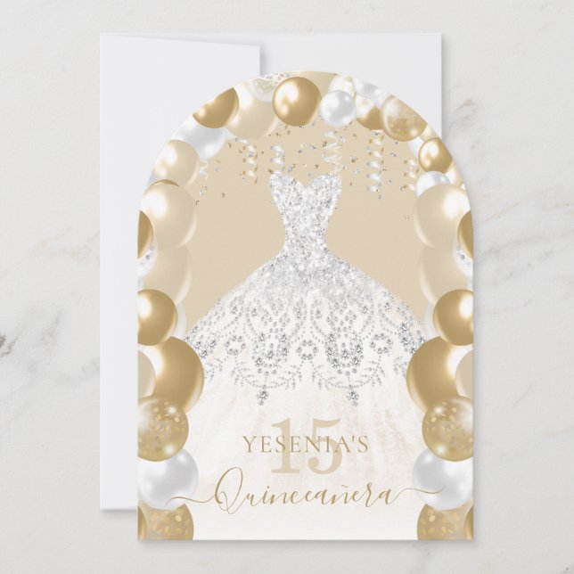 Gold White Sparkle Dress Quinceañera Balloon Invitation (Front)