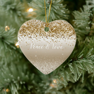 Gold White Sparkle Glitter Peace Love  Ceramic Tree Decoration