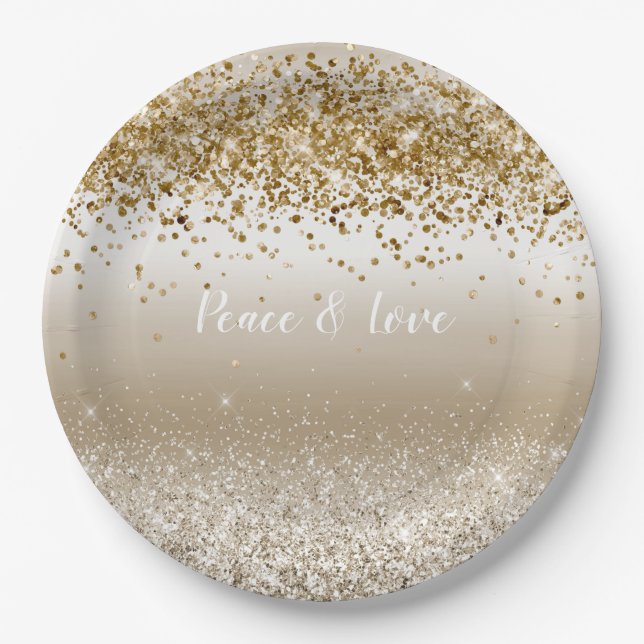 Gold White Sparkle Glitter Peace Love       Paper Plate (Front)