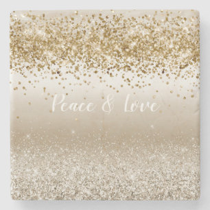 Gold White Sparkle Glitter Peace Love Stone Coaster