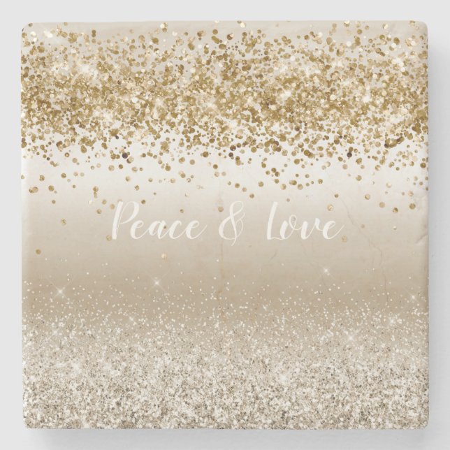 Gold White Sparkle Glitter Peace Love              Stone Coaster (Front)