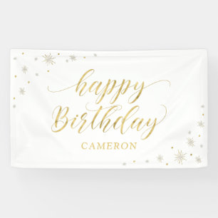 Gold & White Sparkle Happy Birthday Party Banner