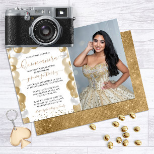 Gold White Sparkle Photo Quinceañera Balloon Invitation