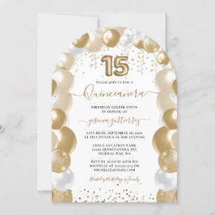 Gold White Sparkle Quinceañera Balloon Photo Invitation