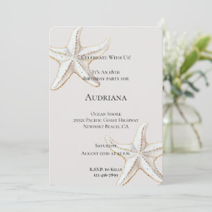 Gold White Starfish Cream Birthday  Invitation