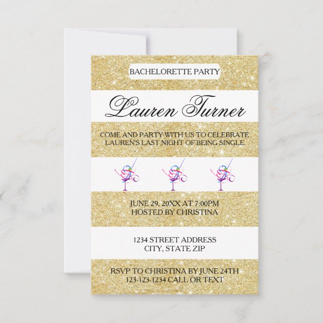 Gold & White Stripes - 3x5 Bachelorette Invitation (Front)