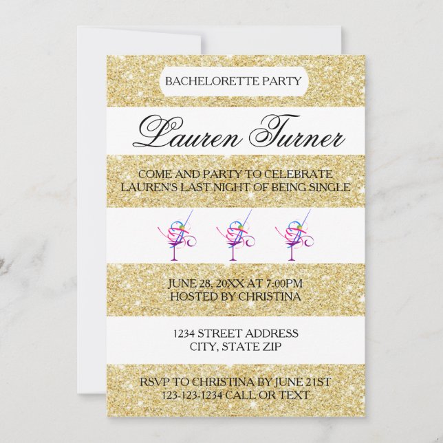 Gold & White Stripes - Bachelorette Invitation (Front)