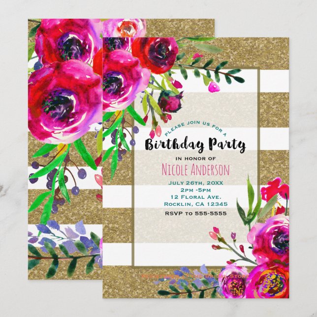 Gold & White Stripes Bold Floral Birthday Party Invitation (Front/Back)