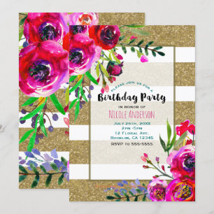 Gold & White Stripes Bold Floral Birthday Party Invitation