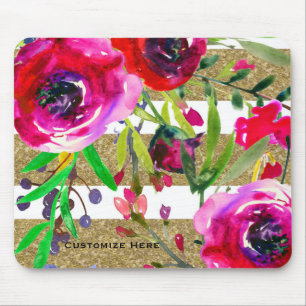 Gold White Stripes Bold Glam Floral Botanical Mouse Mat