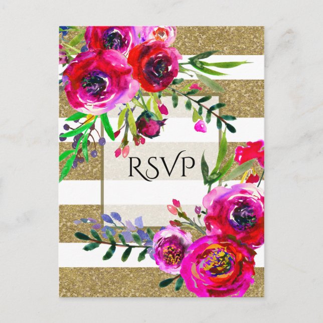 Gold White Stripes Bold Glam Floral Botanical RSVP Invitation Postcard (Front)