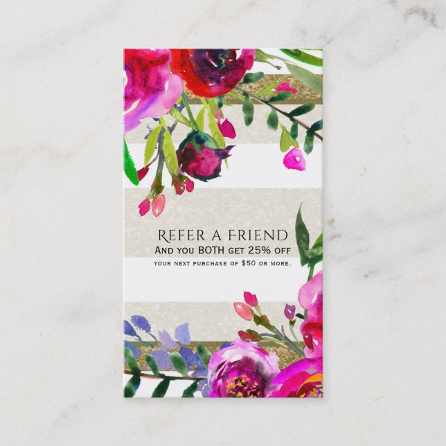 Gold White Stripes Bold Glam Floral Refer a Friend Referral Card (Front)