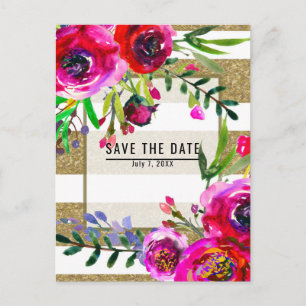 Gold White Stripes Bold Glam Floral Save the Date Announcement Postcard