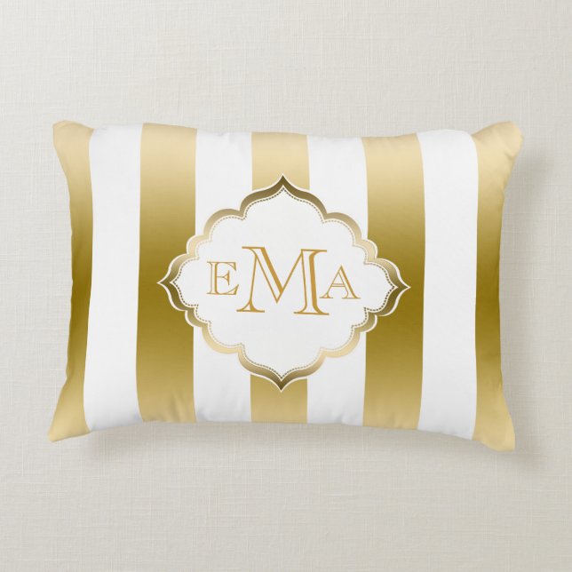 Gold & White Stripes Geometric Pattern Decorative Cushion (Back)