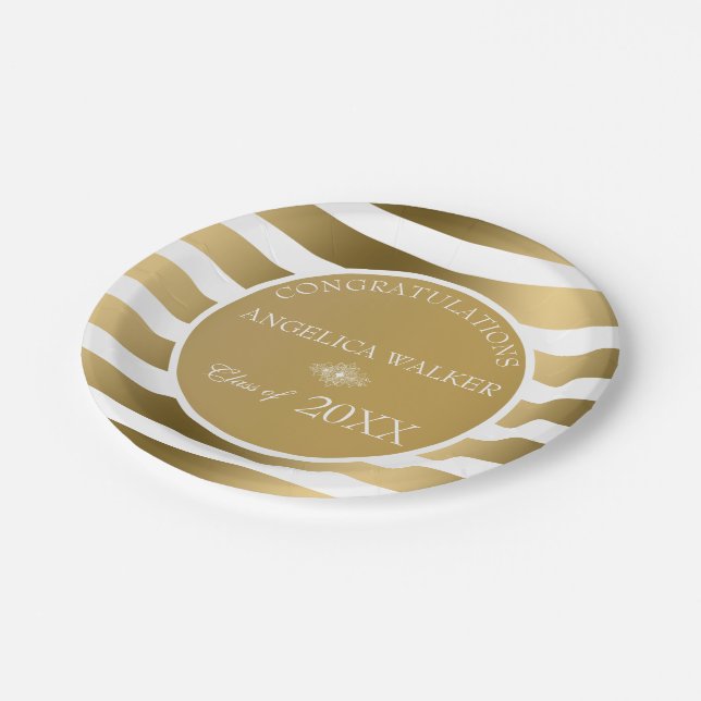 Gold White Stripes- Graduations Paper Plate (Angled)