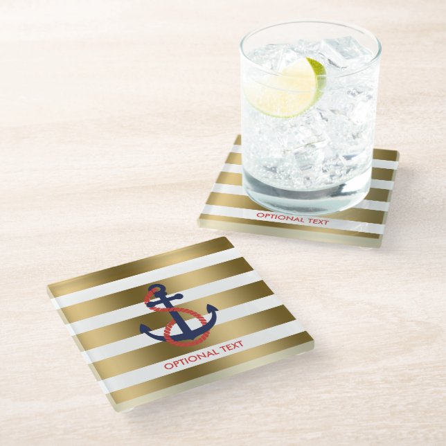 Gold & White Stripes With Blue Nautical Anchor Glass Coaster (Angled)