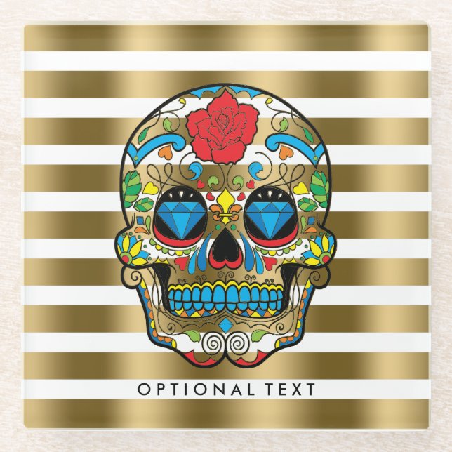 Gold & White Stripes With Red Rose Sugar Skull Glass Coaster (Front)