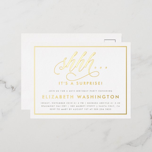 Gold & White Surprise Birthday Party Foil Invitation Postcard (Front/Back)