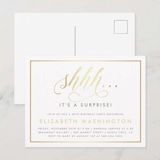 Gold & White Surprise Birthday Party Invitation Postcard (Front/Back)