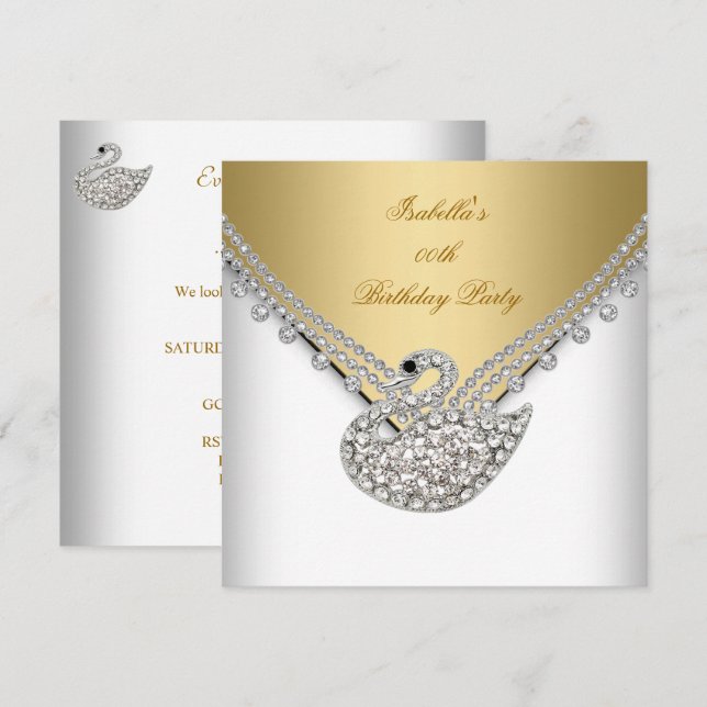 Gold White Swan Elegant Birthday Party Invitation (Front/Back)