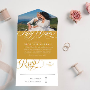 Gold White Swirls Photo 50th Wedding Anniversary All In One Invitation